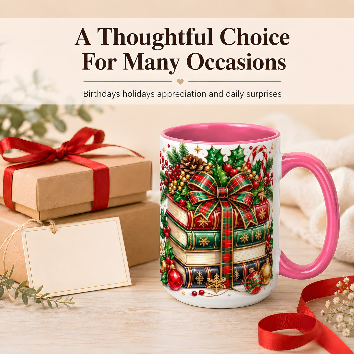 #pl[15oz|Pink] Classic Christmas Books Coffee Mug, Plaid Bow Holiday Mug, Ceramic Cup