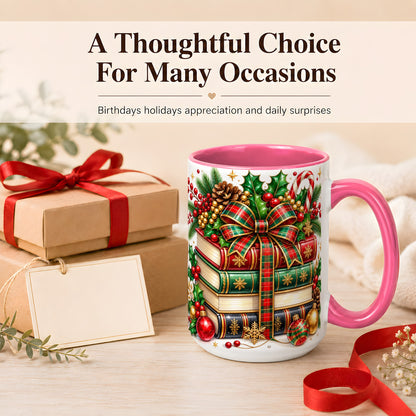 #pl[15oz|Pink] Classic Christmas Books Coffee Mug, Plaid Bow Holiday Mug, Ceramic Cup