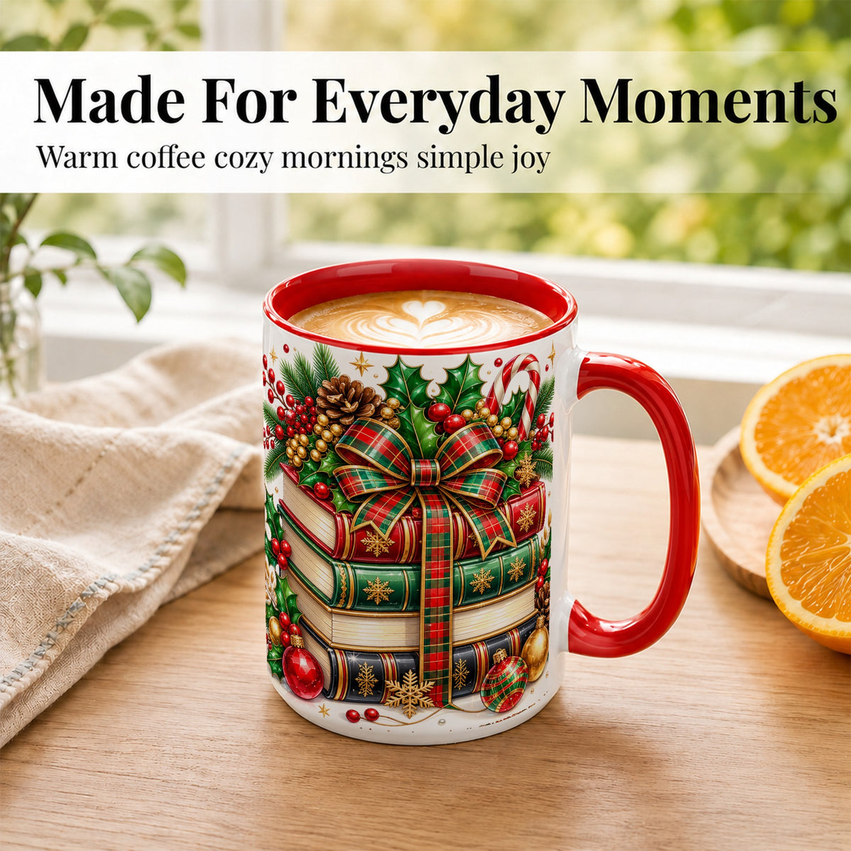 #pl[15oz|Red] Classic Christmas Books Coffee Mug, Plaid Bow Holiday Mug, Ceramic Cup