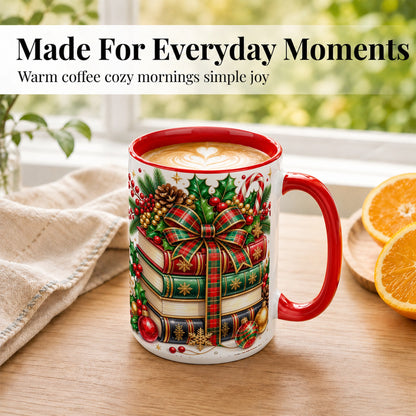 #pl[15oz|Red] Classic Christmas Books Coffee Mug, Plaid Bow Holiday Mug, Ceramic Cup