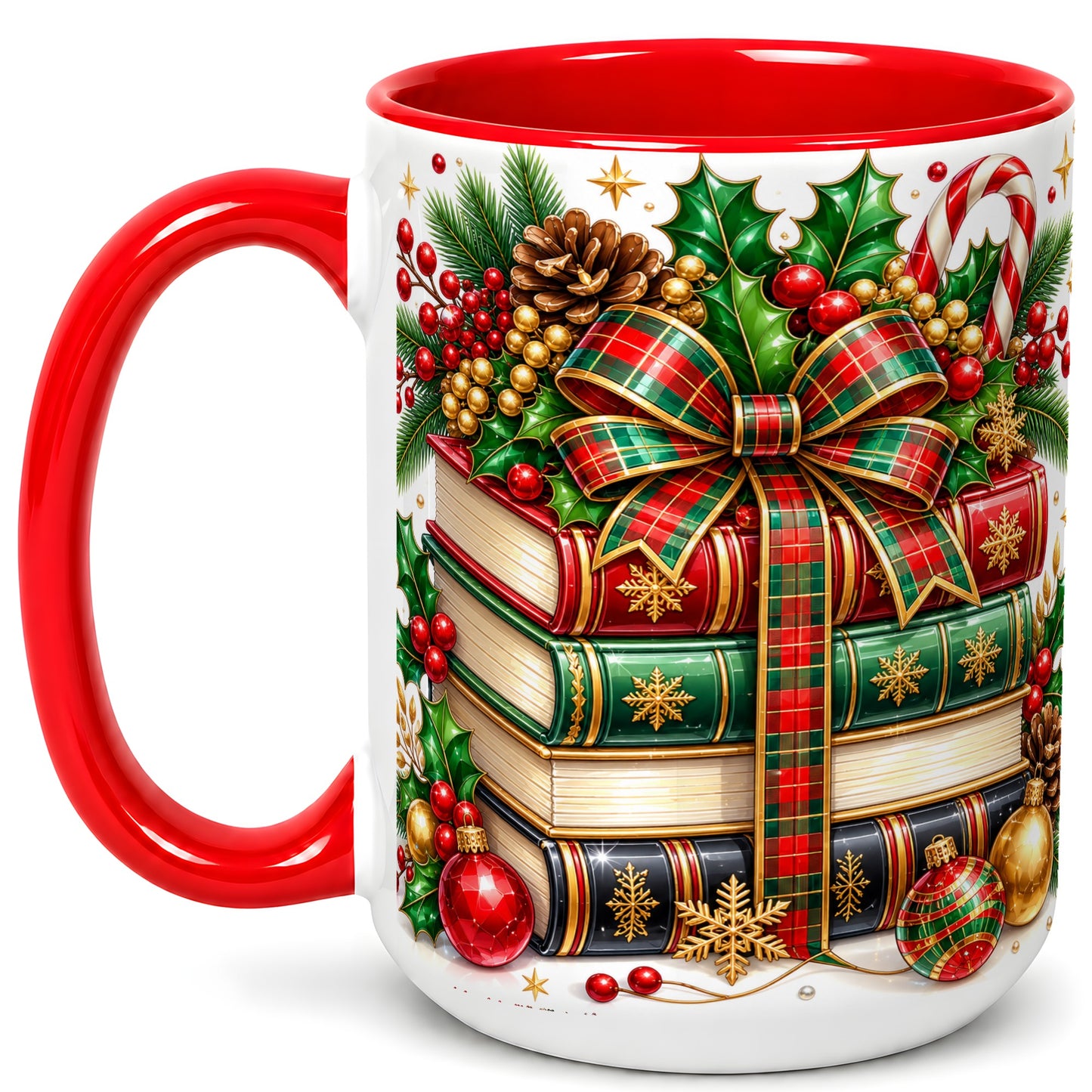 #pl[15oz|Red] Classic Christmas Books Coffee Mug, Plaid Bow Holiday Mug, Ceramic Cup