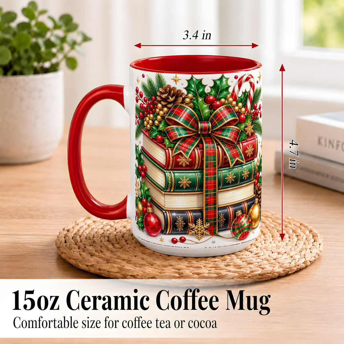 #pl[15oz|Red] Classic Christmas Books Coffee Mug, Plaid Bow Holiday Mug, Ceramic Cup