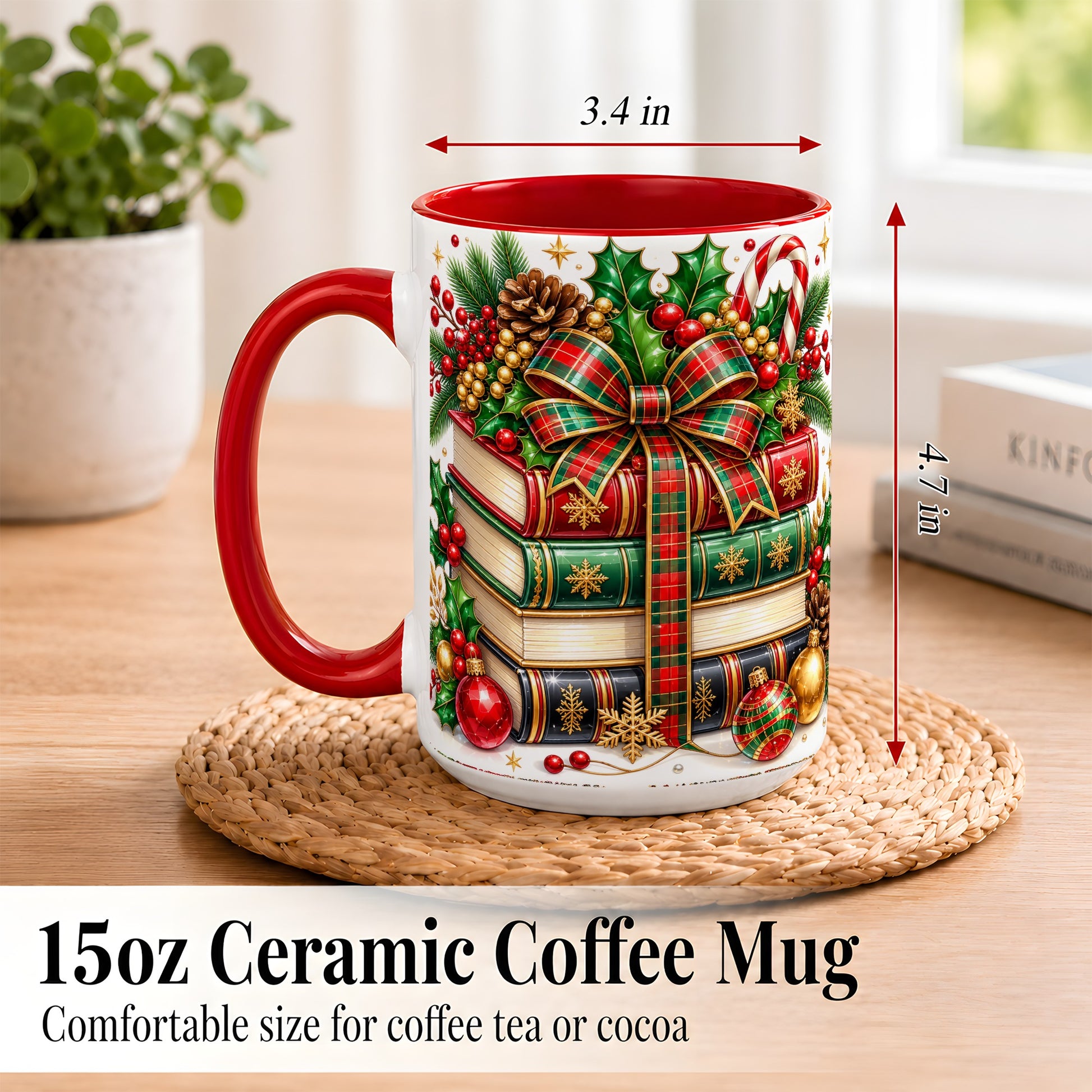 #pl[15oz|Red] Classic Christmas Books Coffee Mug, Plaid Bow Holiday Mug, Ceramic Cup