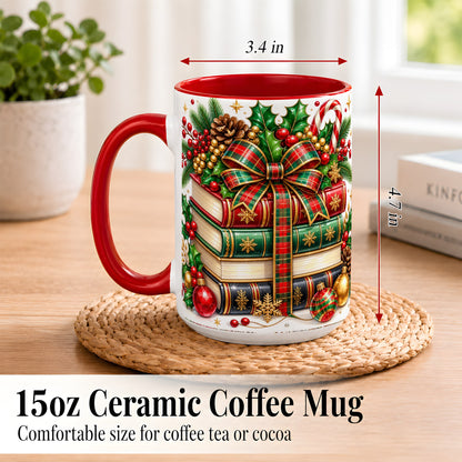 #pl[15oz|Red] Classic Christmas Books Coffee Mug, Plaid Bow Holiday Mug, Ceramic Cup