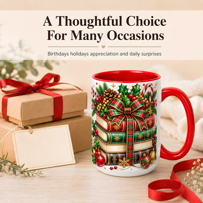 #pl[15oz|Red] Classic Christmas Books Coffee Mug, Plaid Bow Holiday Mug, Ceramic Cup