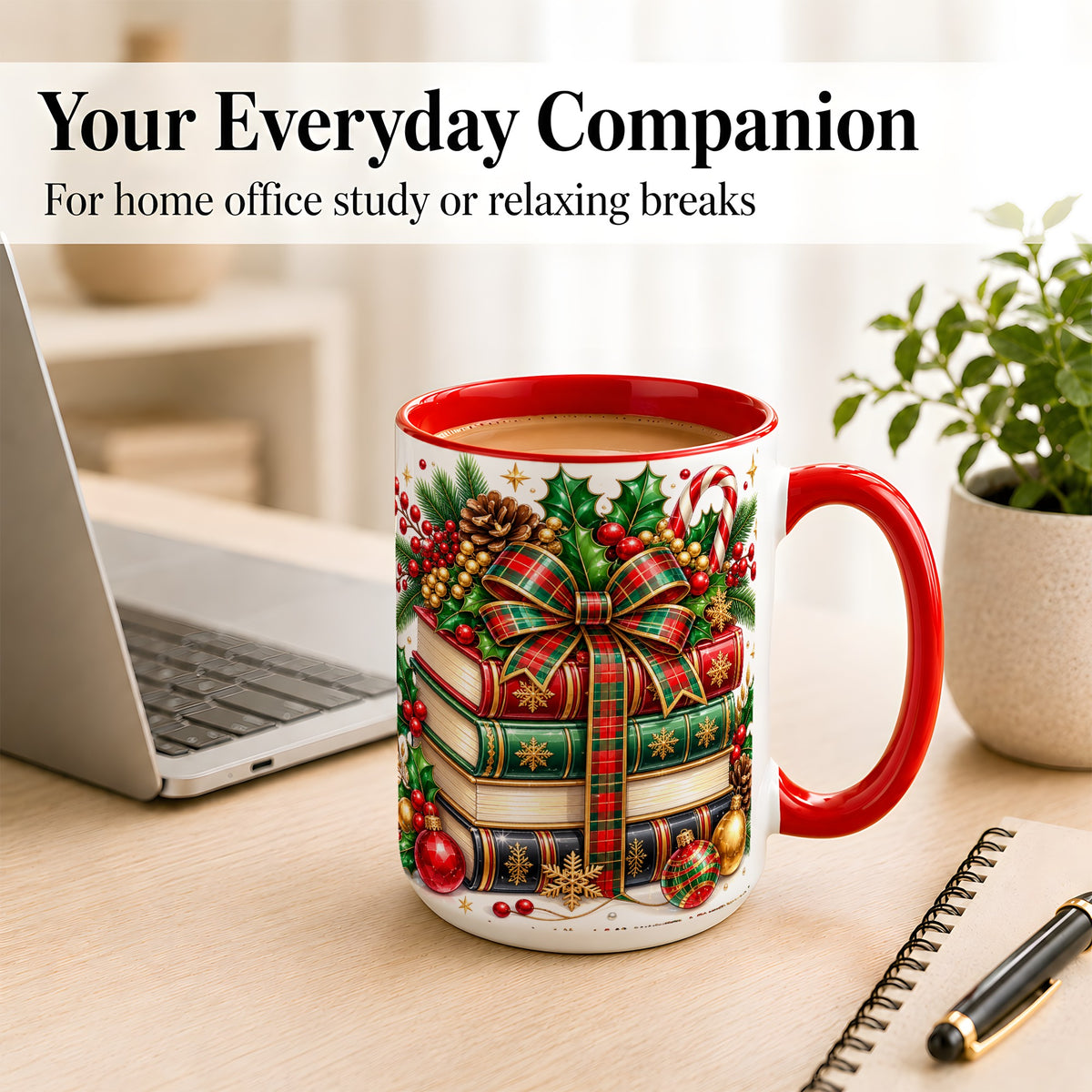 #pl[15oz|Red] Classic Christmas Books Coffee Mug, Plaid Bow Holiday Mug, Ceramic Cup