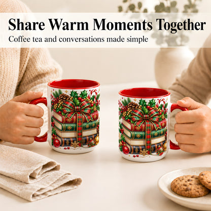 #pl[15oz|Red] Classic Christmas Books Coffee Mug, Plaid Bow Holiday Mug, Ceramic Cup