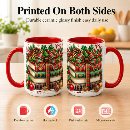 #pl[15oz|Red] Classic Christmas Books Coffee Mug, Plaid Bow Holiday Mug, Ceramic Cup
