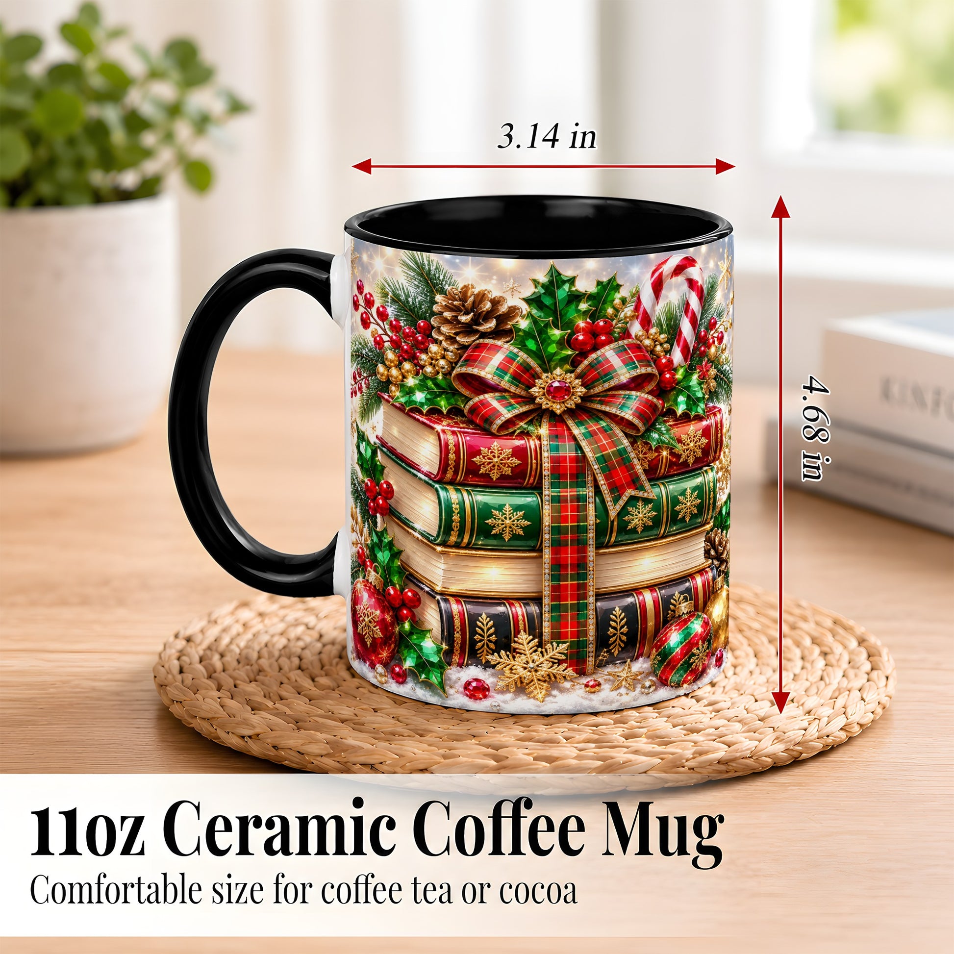 #pl[11oz|Black] Sparkling Christmas Books Coffee Mug, Plaid Bow Holiday Mug, Ceramic Cup