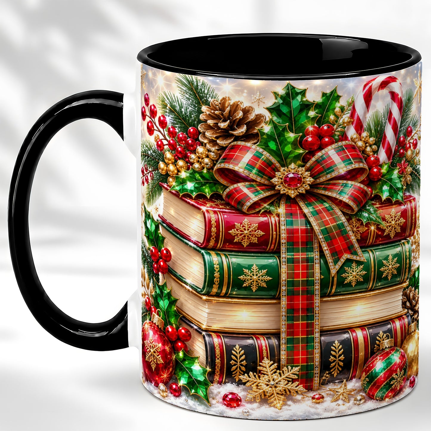 #pl[11oz|Black] Sparkling Christmas Books Coffee Mug, Plaid Bow Holiday Mug, Ceramic Cup