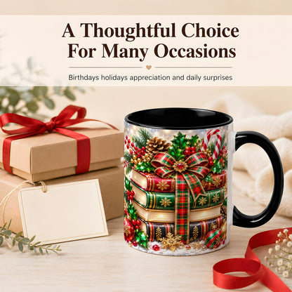 #pl[11oz|Black] Sparkling Christmas Books Coffee Mug, Plaid Bow Holiday Mug, Ceramic Cup