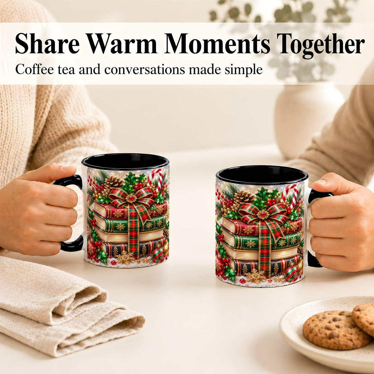 #pl[11oz|Black] Sparkling Christmas Books Coffee Mug, Plaid Bow Holiday Mug, Ceramic Cup