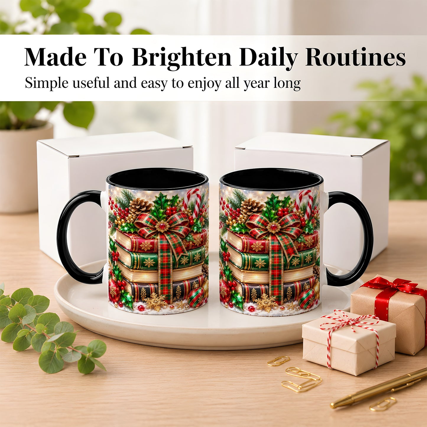 #pl[11oz|Black] Sparkling Christmas Books Coffee Mug, Plaid Bow Holiday Mug, Ceramic Cup