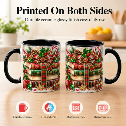 #pl[11oz|Black] Sparkling Christmas Books Coffee Mug, Plaid Bow Holiday Mug, Ceramic Cup
