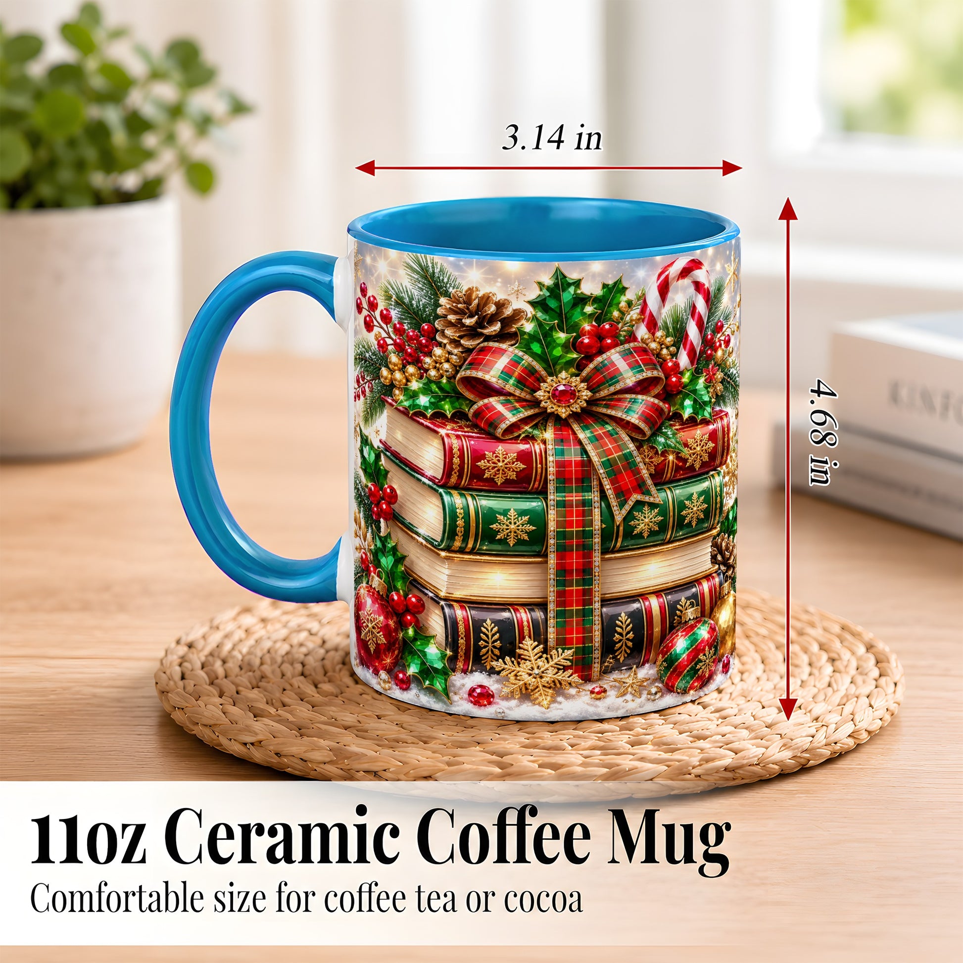 #pl[11oz|Blue] Sparkling Christmas Books Coffee Mug, Plaid Bow Holiday Mug, Ceramic Cup