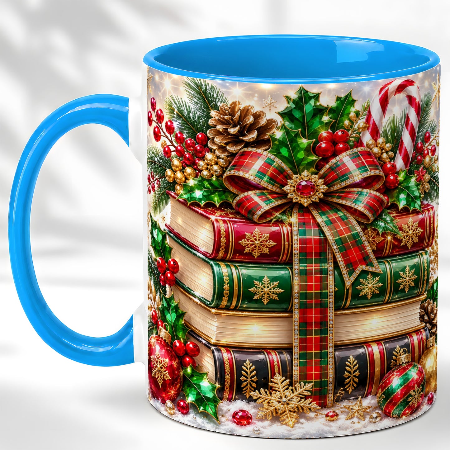 #pl[11oz|Blue] Sparkling Christmas Books Coffee Mug, Plaid Bow Holiday Mug, Ceramic Cup