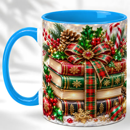 #pl[11oz|Blue] Sparkling Christmas Books Coffee Mug, Plaid Bow Holiday Mug, Ceramic Cup
