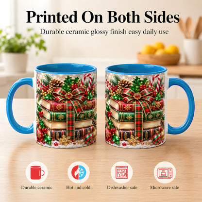 #pl[11oz|Blue] Sparkling Christmas Books Coffee Mug, Plaid Bow Holiday Mug, Ceramic Cup