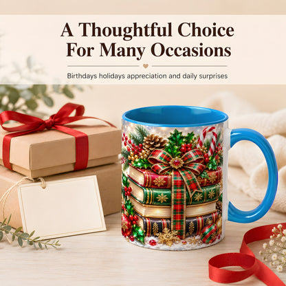 #pl[11oz|Blue] Sparkling Christmas Books Coffee Mug, Plaid Bow Holiday Mug, Ceramic Cup
