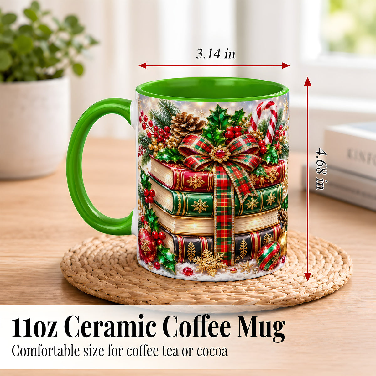 #pl[11oz|Green] Sparkling Christmas Books Coffee Mug, Plaid Bow Holiday Mug, Ceramic Cup