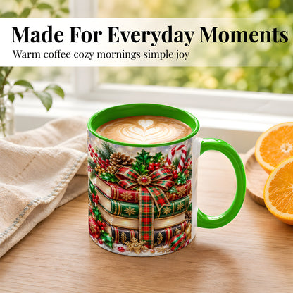 #pl[11oz|Green] Sparkling Christmas Books Coffee Mug, Plaid Bow Holiday Mug, Ceramic Cup