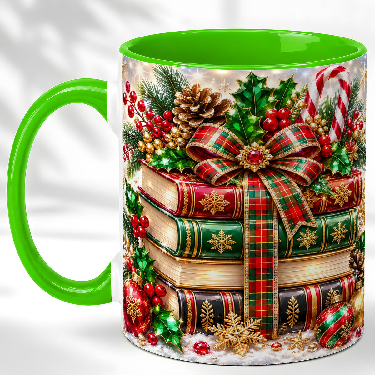 #pl[11oz|Green] Sparkling Christmas Books Coffee Mug, Plaid Bow Holiday Mug, Ceramic Cup