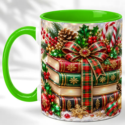 #pl[11oz|Green] Sparkling Christmas Books Coffee Mug, Plaid Bow Holiday Mug, Ceramic Cup