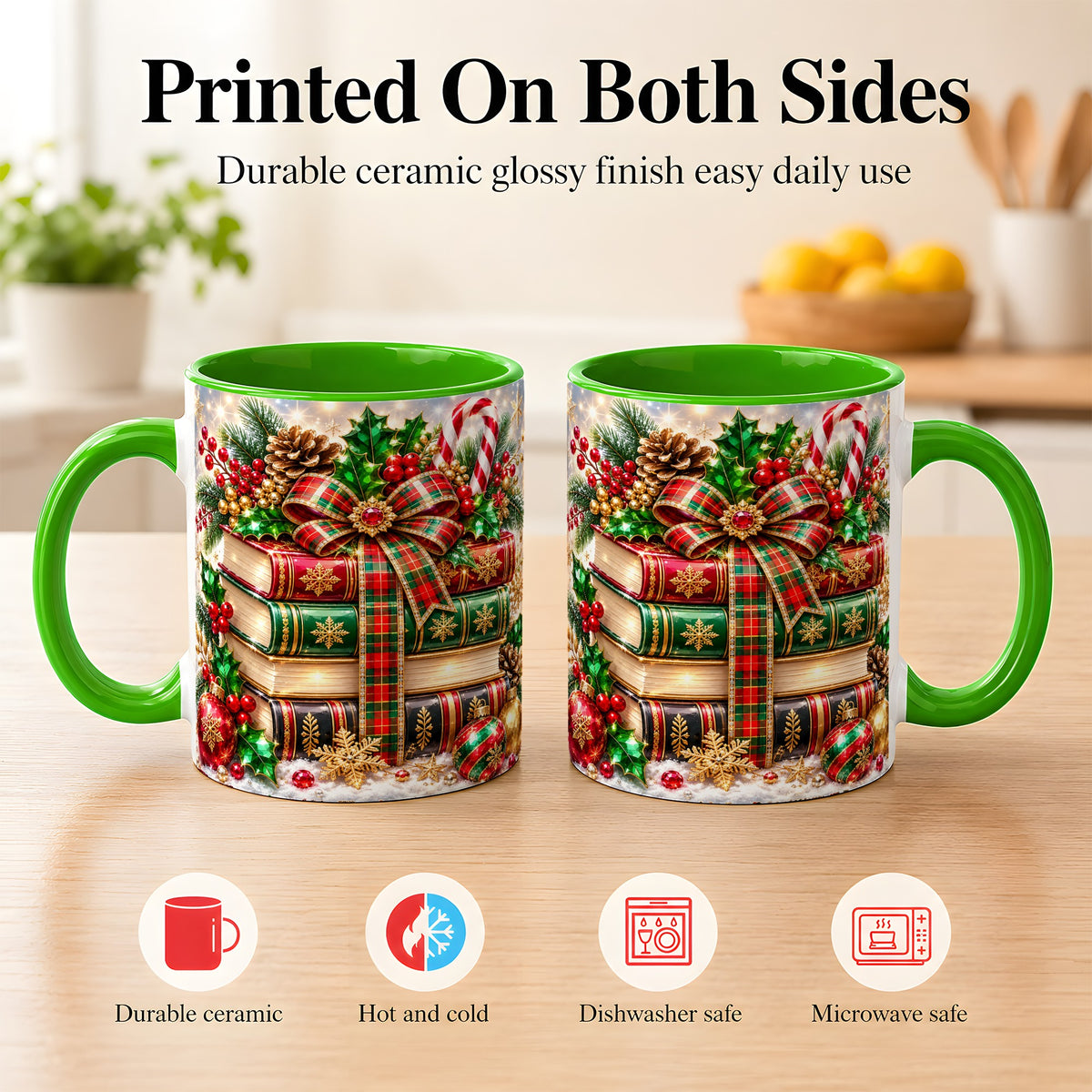#pl[11oz|Green] Sparkling Christmas Books Coffee Mug, Plaid Bow Holiday Mug, Ceramic Cup