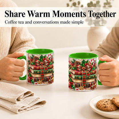#pl[11oz|Green] Sparkling Christmas Books Coffee Mug, Plaid Bow Holiday Mug, Ceramic Cup
