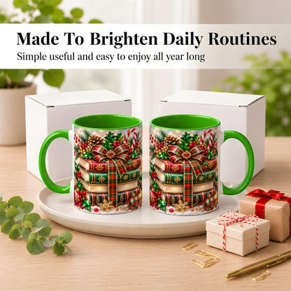 #pl[11oz|Green] Sparkling Christmas Books Coffee Mug, Plaid Bow Holiday Mug, Ceramic Cup