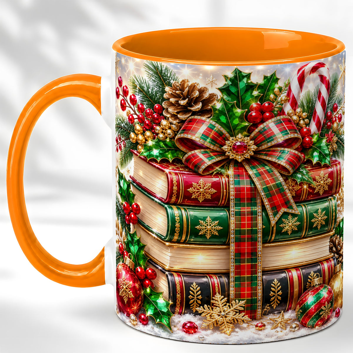 #pl[11oz|Orange] Sparkling Christmas Books Coffee Mug, Plaid Bow Holiday Mug, Ceramic Cup