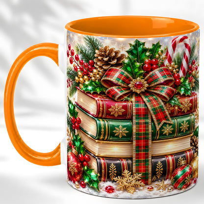 #pl[11oz|Orange] Sparkling Christmas Books Coffee Mug, Plaid Bow Holiday Mug, Ceramic Cup