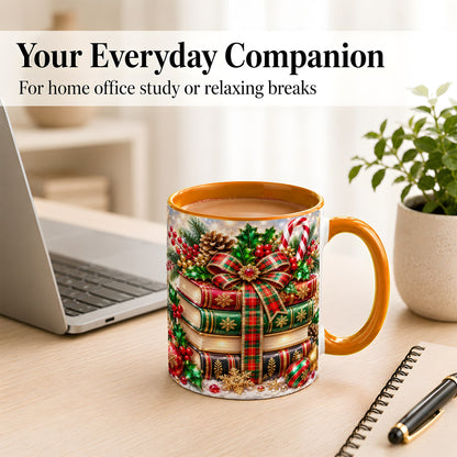 #pl[11oz|Orange] Sparkling Christmas Books Coffee Mug, Plaid Bow Holiday Mug, Ceramic Cup