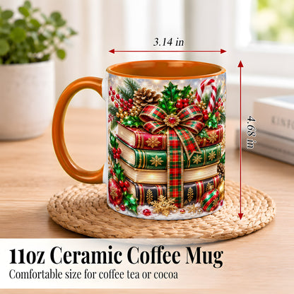 #pl[11oz|Orange] Sparkling Christmas Books Coffee Mug, Plaid Bow Holiday Mug, Ceramic Cup