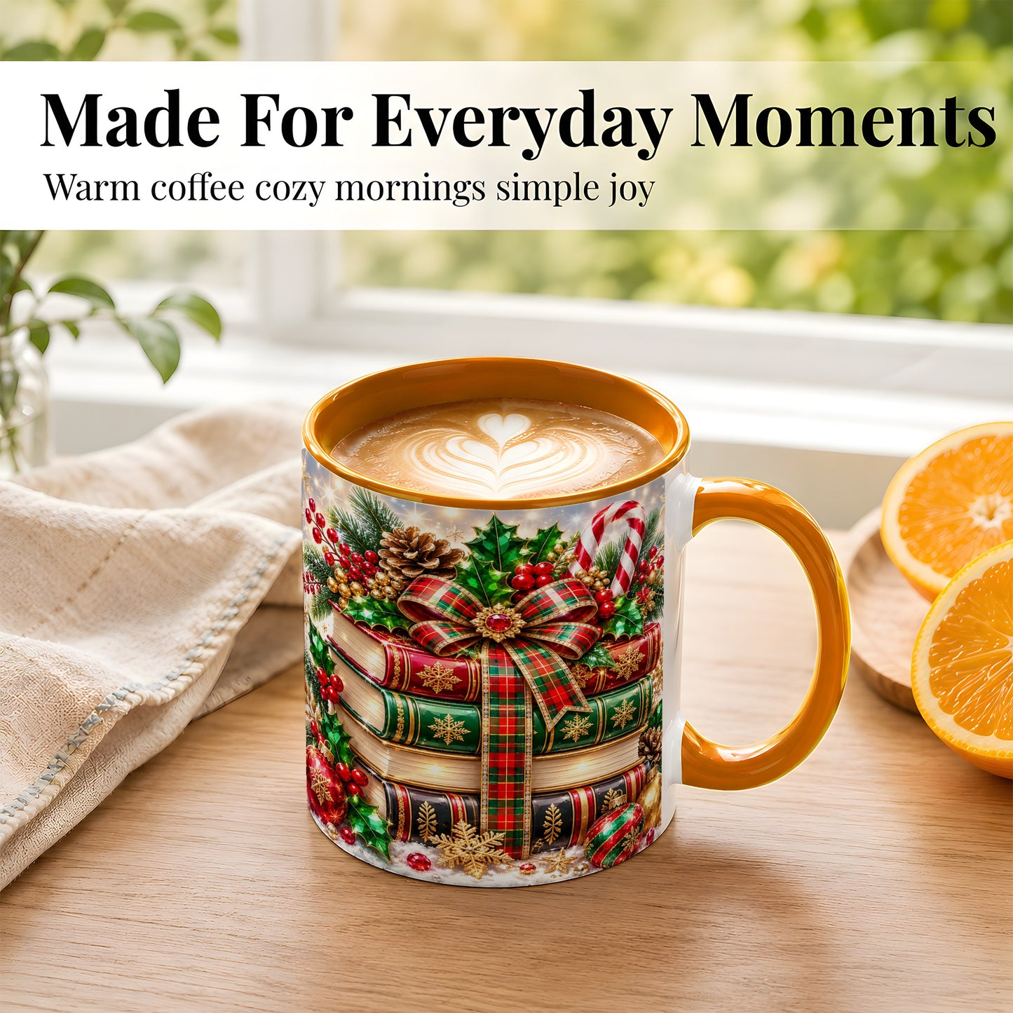 #pl[11oz|Orange] Sparkling Christmas Books Coffee Mug, Plaid Bow Holiday Mug, Ceramic Cup