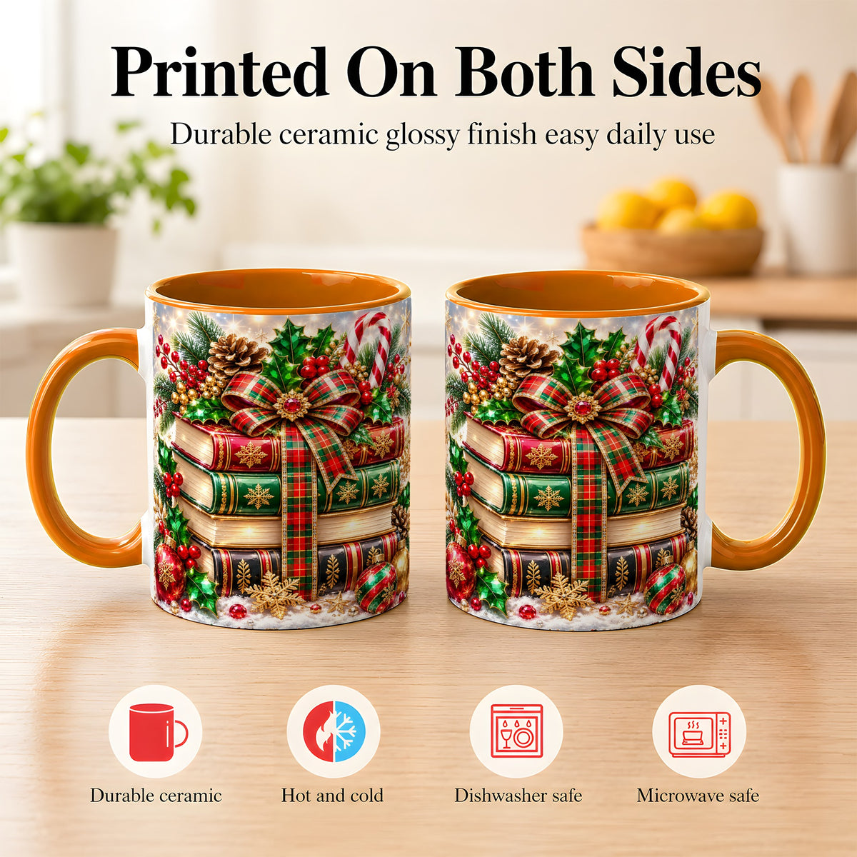 #pl[11oz|Orange] Sparkling Christmas Books Coffee Mug, Plaid Bow Holiday Mug, Ceramic Cup
