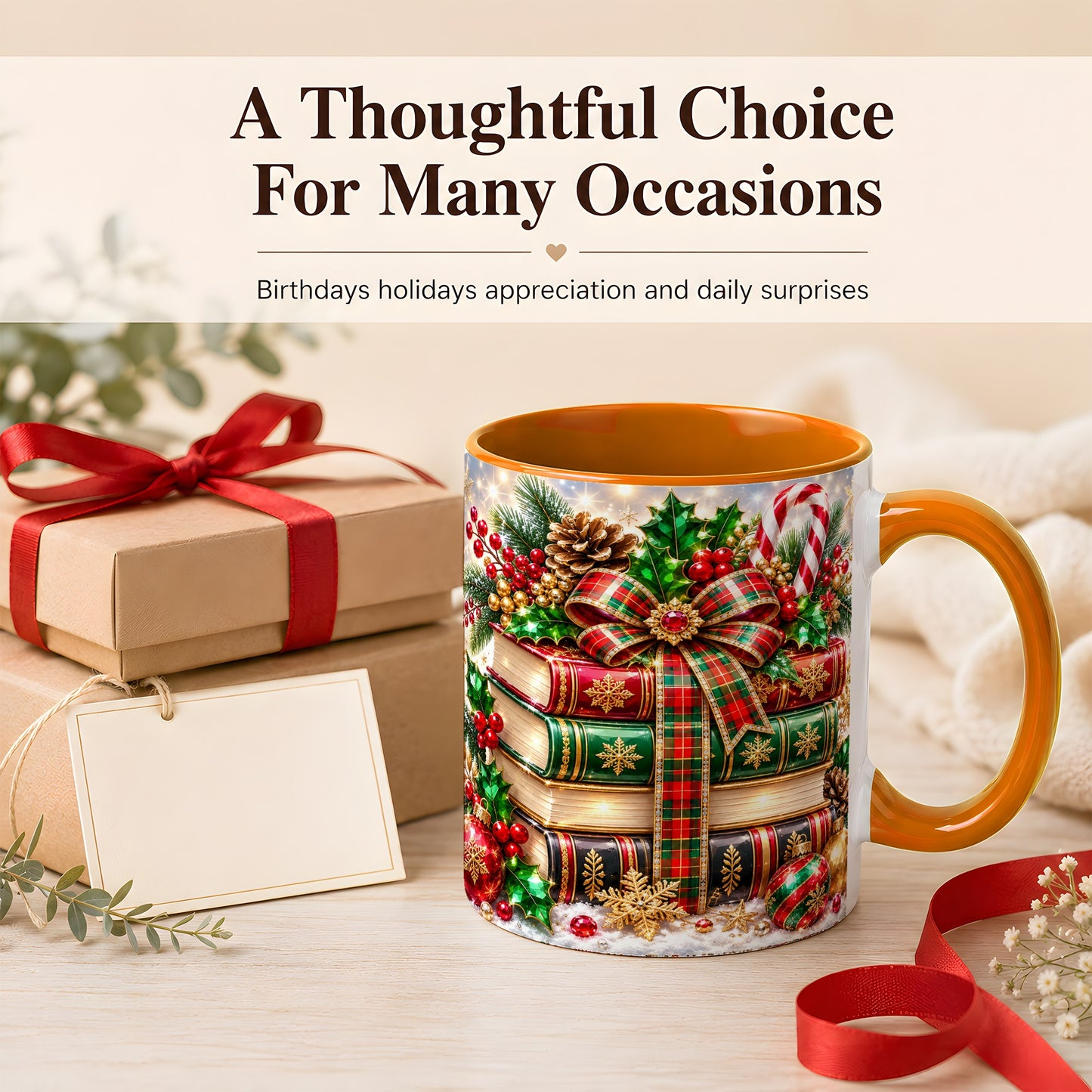 #pl[11oz|Orange] Sparkling Christmas Books Coffee Mug, Plaid Bow Holiday Mug, Ceramic Cup