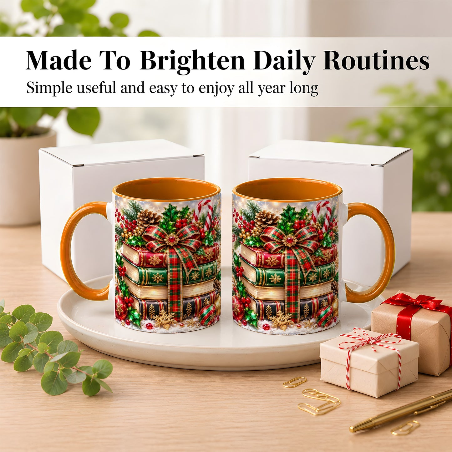 #pl[11oz|Orange] Sparkling Christmas Books Coffee Mug, Plaid Bow Holiday Mug, Ceramic Cup