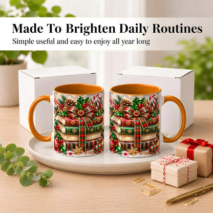 #pl[11oz|Orange] Sparkling Christmas Books Coffee Mug, Plaid Bow Holiday Mug, Ceramic Cup