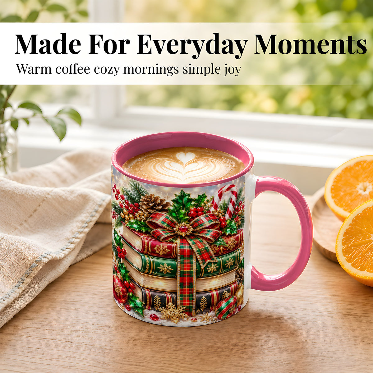 #pl[11oz|Pink] Sparkling Christmas Books Coffee Mug, Plaid Bow Holiday Mug, Ceramic Cup