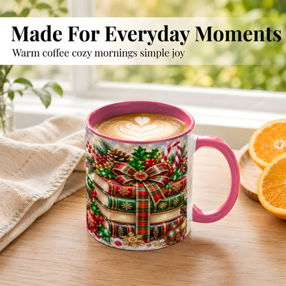 #pl[11oz|Pink] Sparkling Christmas Books Coffee Mug, Plaid Bow Holiday Mug, Ceramic Cup