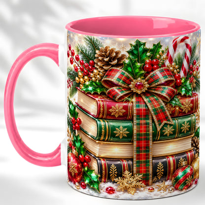 #pl[11oz|Pink] Sparkling Christmas Books Coffee Mug, Plaid Bow Holiday Mug, Ceramic Cup