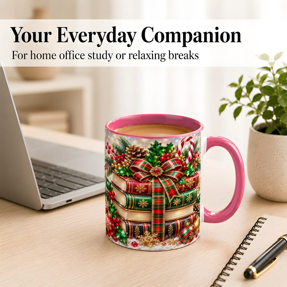 #pl[11oz|Pink] Sparkling Christmas Books Coffee Mug, Plaid Bow Holiday Mug, Ceramic Cup