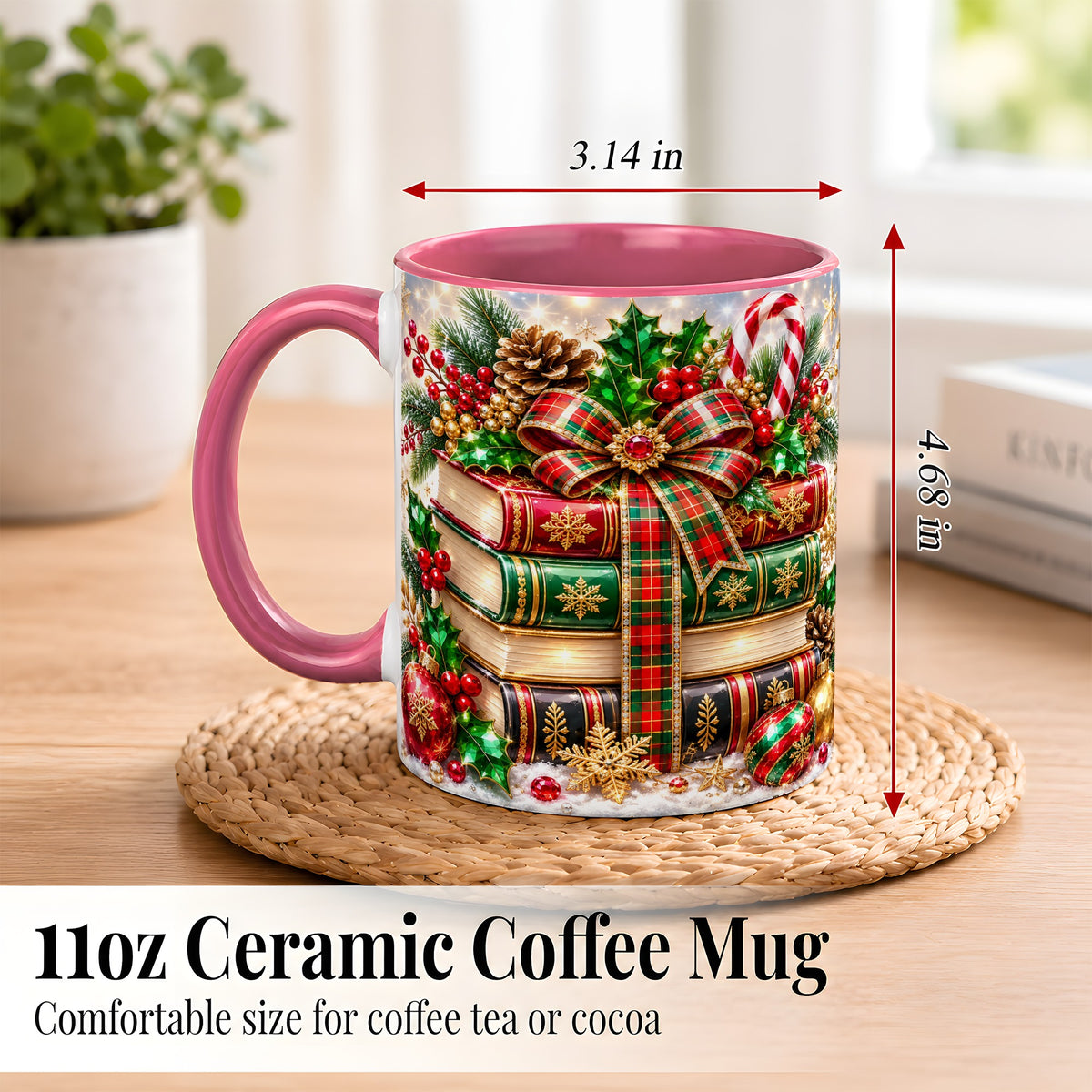 #pl[11oz|Pink] Sparkling Christmas Books Coffee Mug, Plaid Bow Holiday Mug, Ceramic Cup