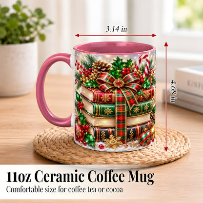 #pl[11oz|Pink] Sparkling Christmas Books Coffee Mug, Plaid Bow Holiday Mug, Ceramic Cup