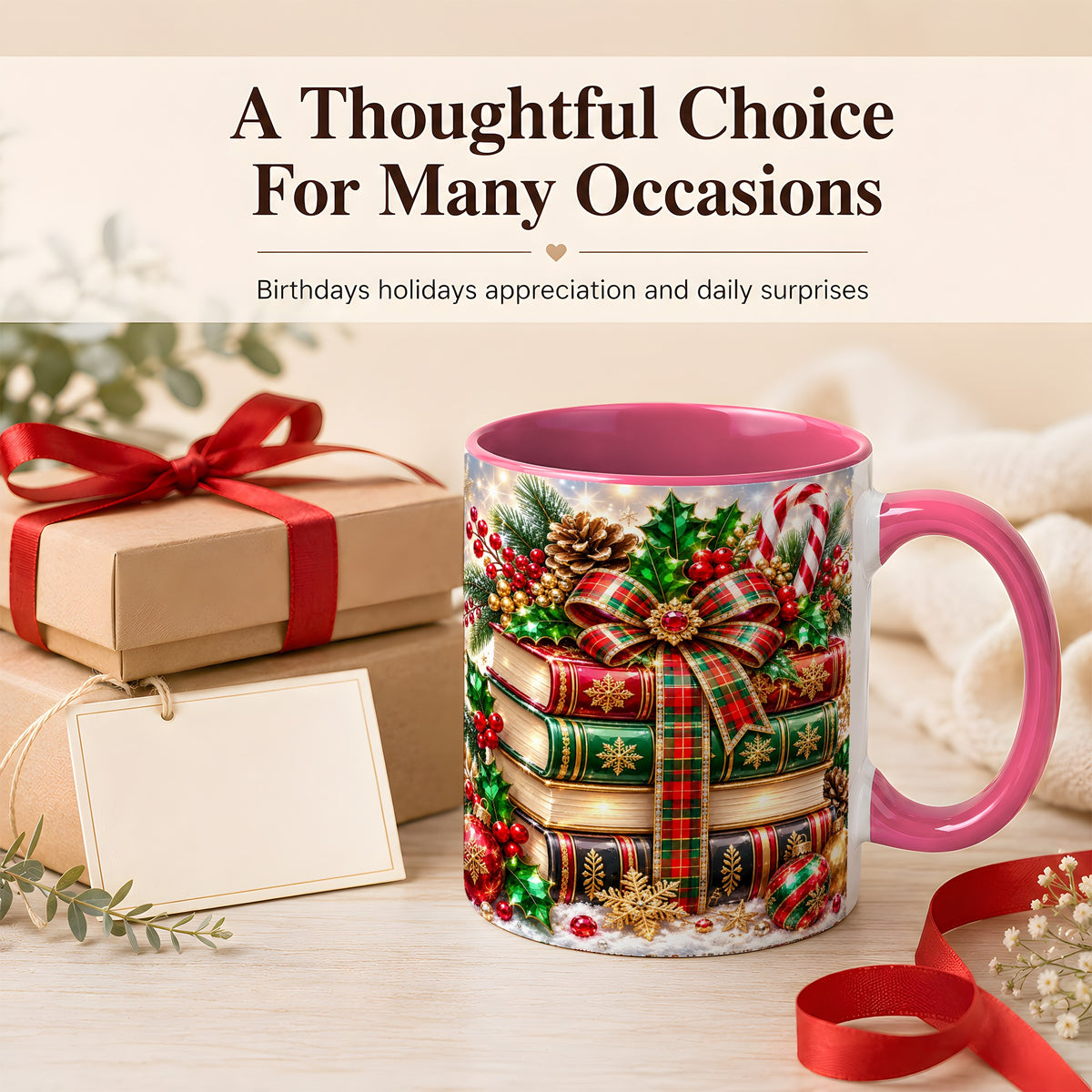 #pl[11oz|Pink] Sparkling Christmas Books Coffee Mug, Plaid Bow Holiday Mug, Ceramic Cup