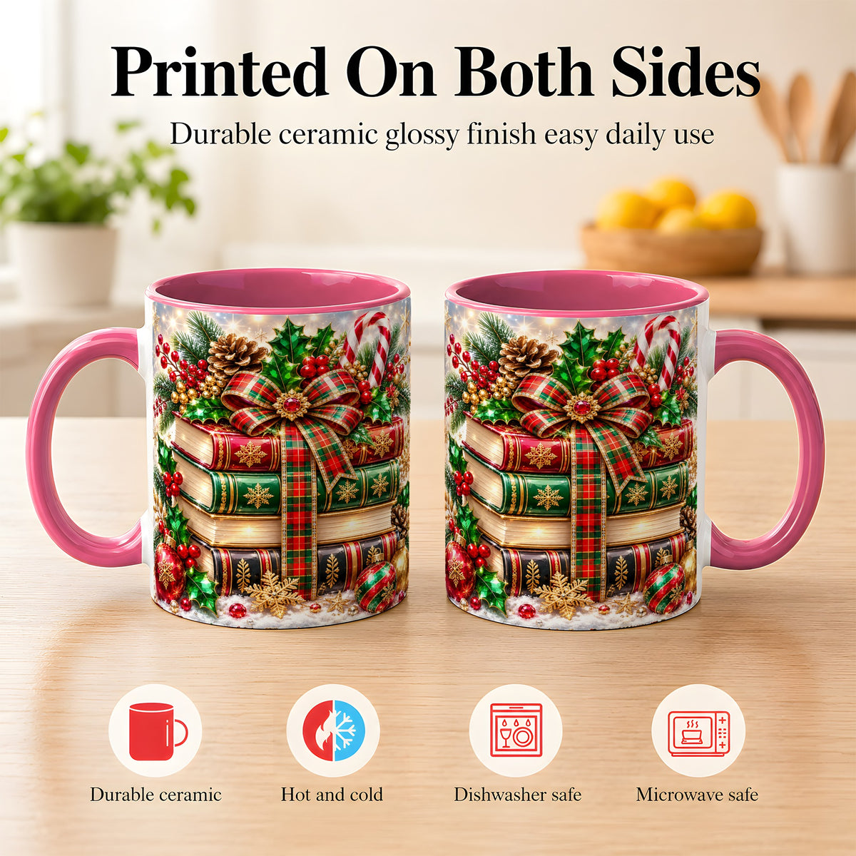 #pl[11oz|Pink] Sparkling Christmas Books Coffee Mug, Plaid Bow Holiday Mug, Ceramic Cup