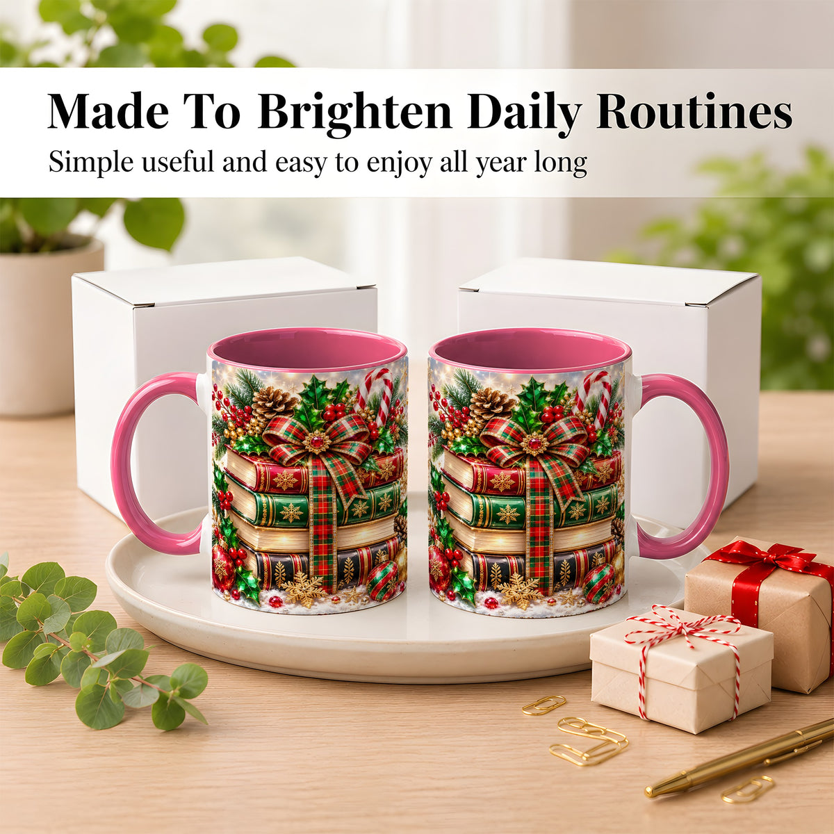 #pl[11oz|Pink] Sparkling Christmas Books Coffee Mug, Plaid Bow Holiday Mug, Ceramic Cup