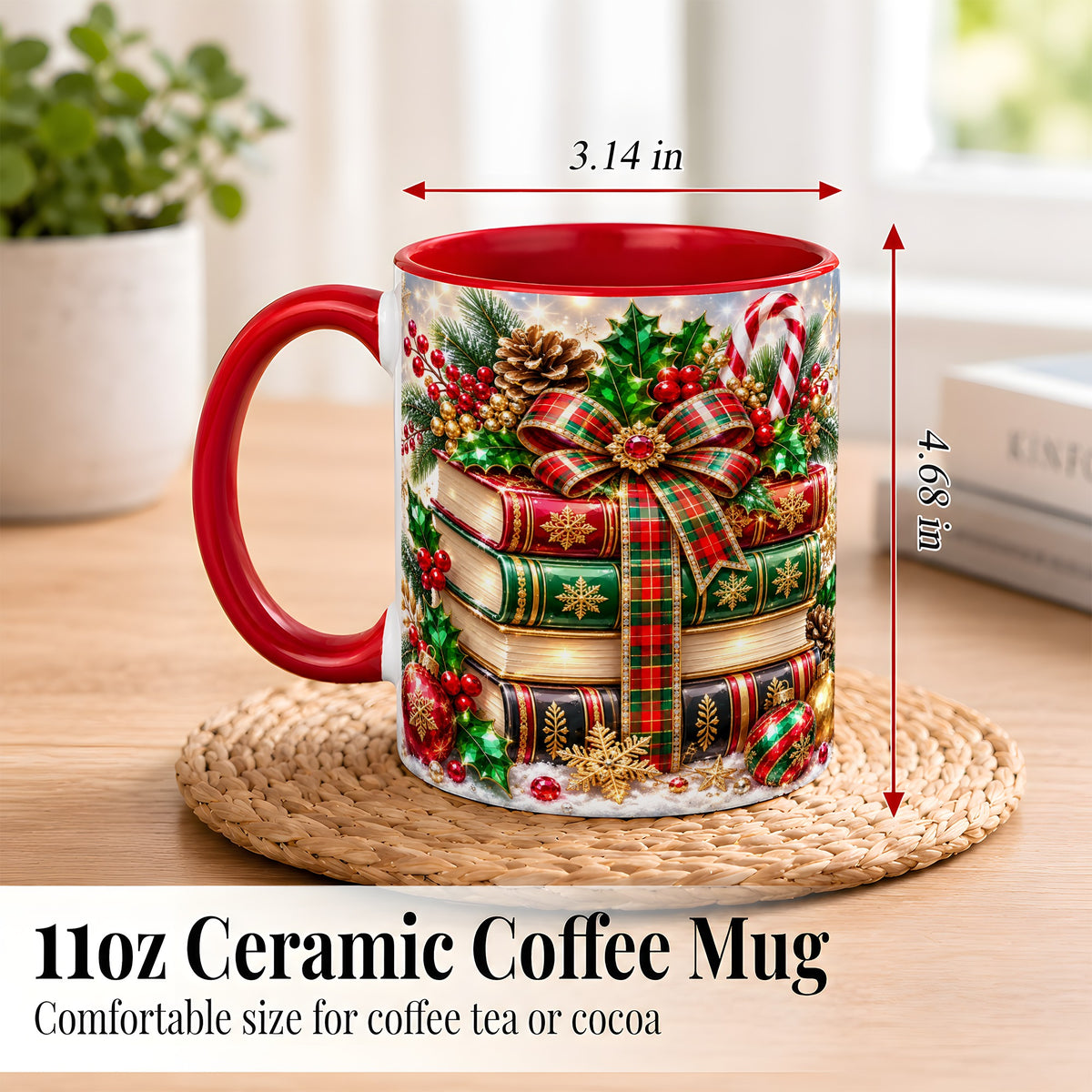 #pl[11oz|Red] Sparkling Christmas Books Coffee Mug, Plaid Bow Holiday Mug, Ceramic Cup