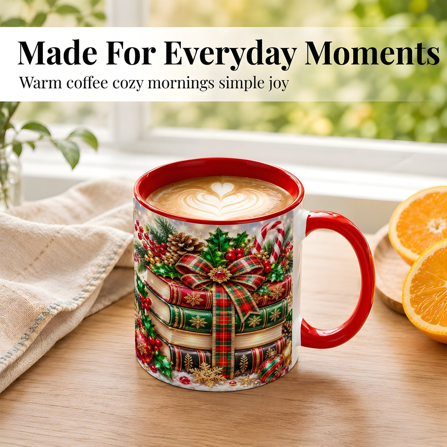 #pl[11oz|Red] Sparkling Christmas Books Coffee Mug, Plaid Bow Holiday Mug, Ceramic Cup